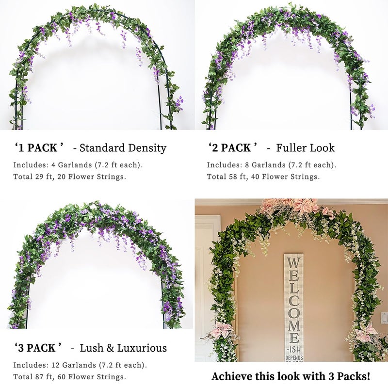 Mavee Artificial Wisteria Vine Garland Hanging Decor - 28.8ft Silk Flowers with Ivy Leaves (4x7.2ft) for Wedding, Home Floral Arrangements - White - Image 2